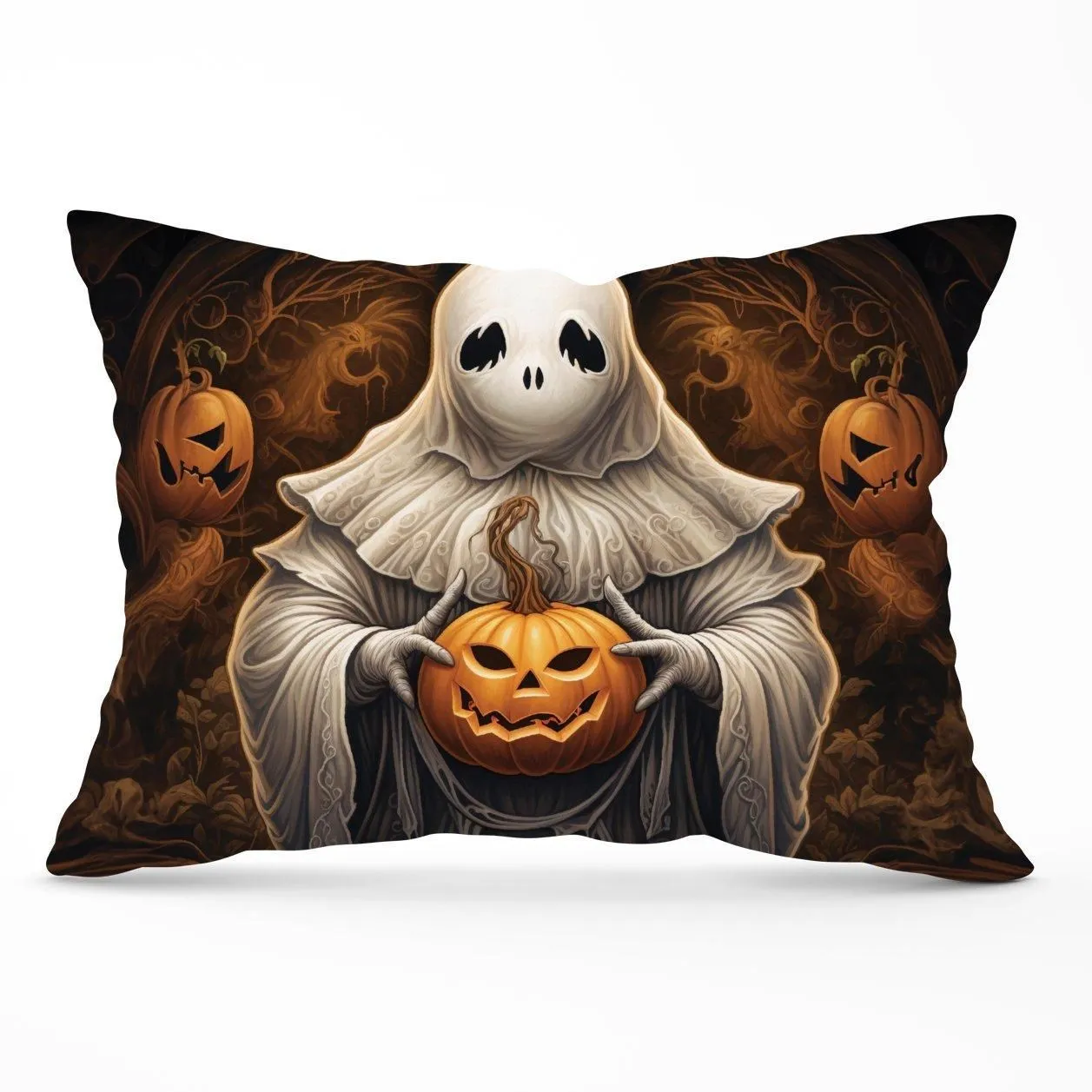 Warren Reed - Designer Spooky White Ghost Holding Pumpkin Cushions