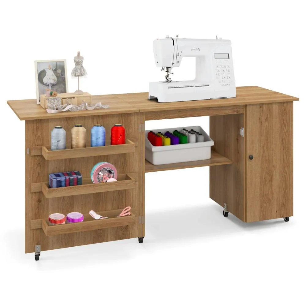 Costway Large Foldable Sewing Table Rolling Drop Leaf Craft Table with Lockable Casters in Natural