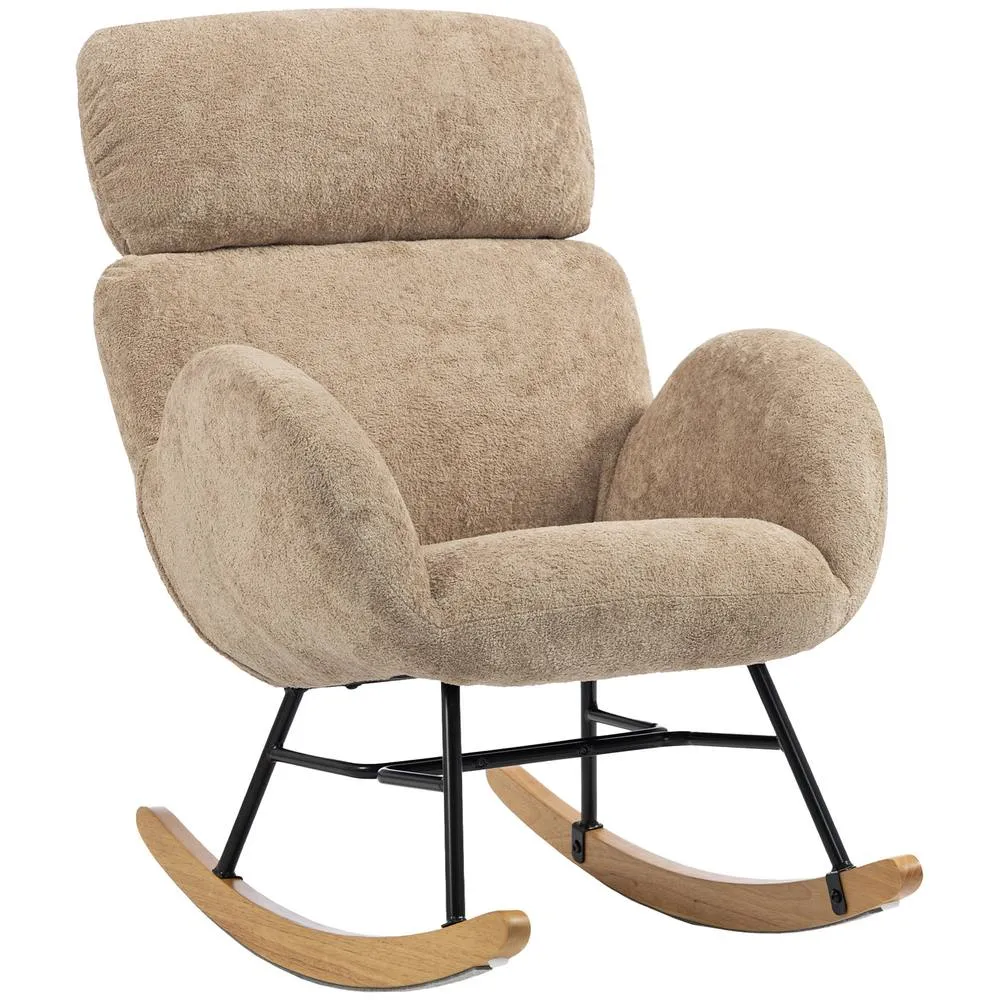 HOMCOM Rocking Chair with Adjustable Headrest Velvet Upholstery Light Brown