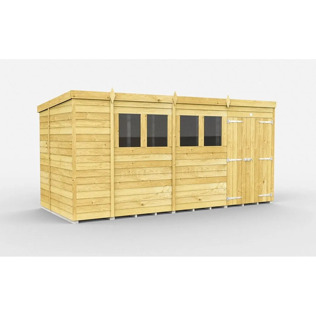 Buttercup Farm 14 x 7 Feet Pent Shed - Double Door W/ Windows - L214 x W417 x H201 cm in Brown