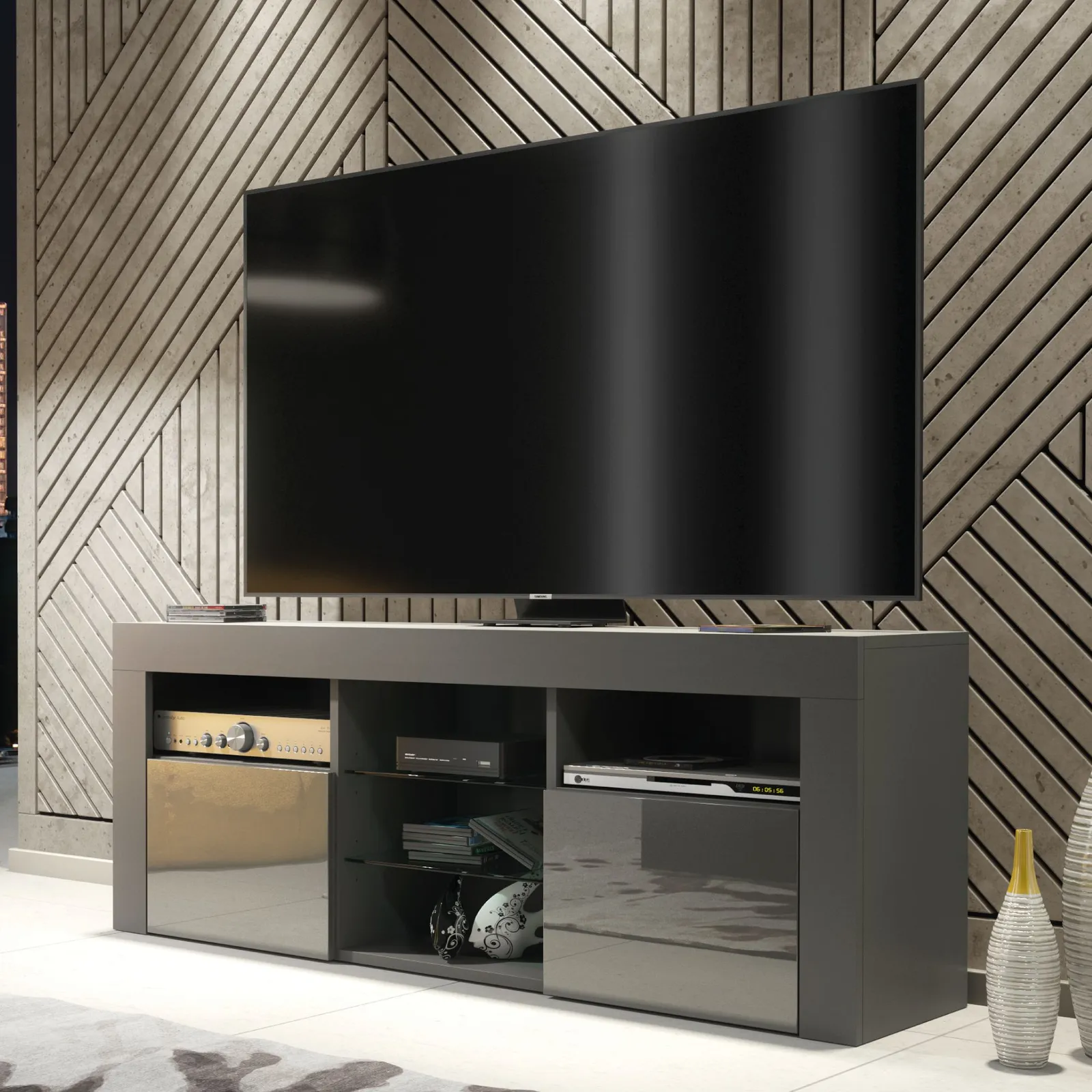 Creative Furniture TV Unit 145cm Modern - Dark Grey with High Gloss Doors