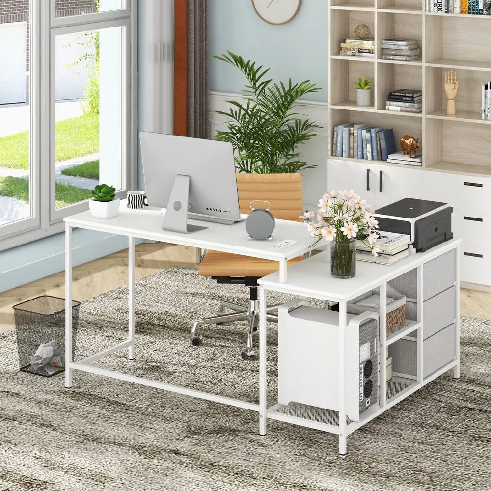 Costway L-Shaped Computer Desk with Drawers & Shelves in White 5