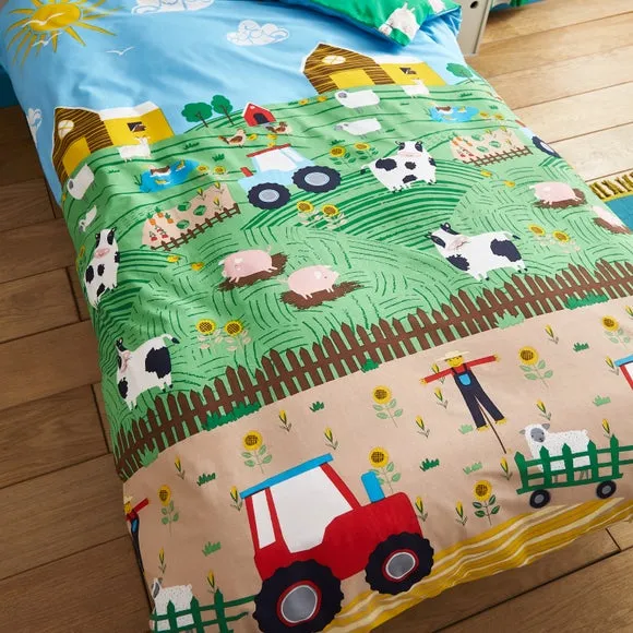 Catherine Lansfield Farmyard Animals Blue Reversible Duvet Cover and Pillowcase Set 4
