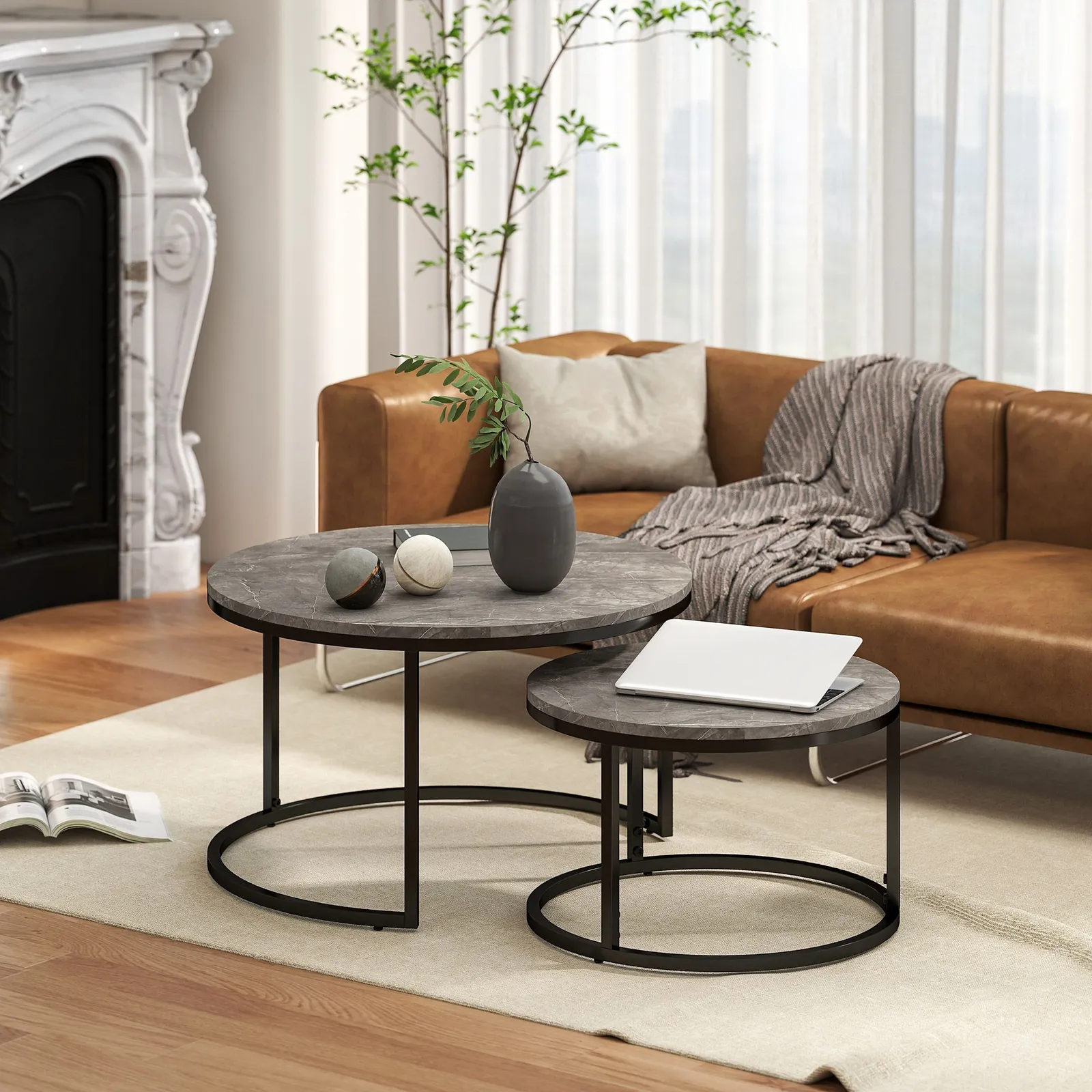 HOMCOM 2 Pcs Stacking Coffee Table Set Steel Frame Marble-Effect Top Foot Pads in Dark Grey 2