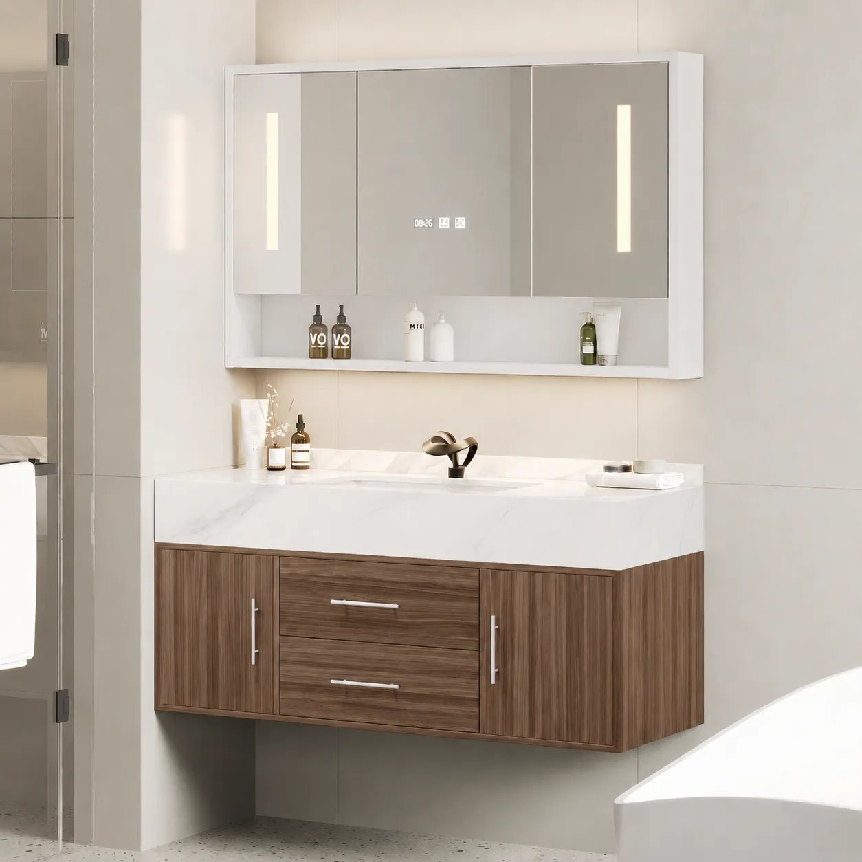 100 cm Walnut Bathroom Vanity & LED Mirror Cabinet Set