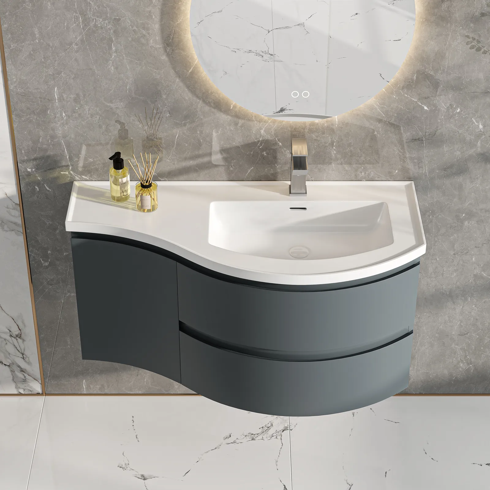 35" Floating Single Curved Bathroom Vanity with Sink & Storage, Set of 2