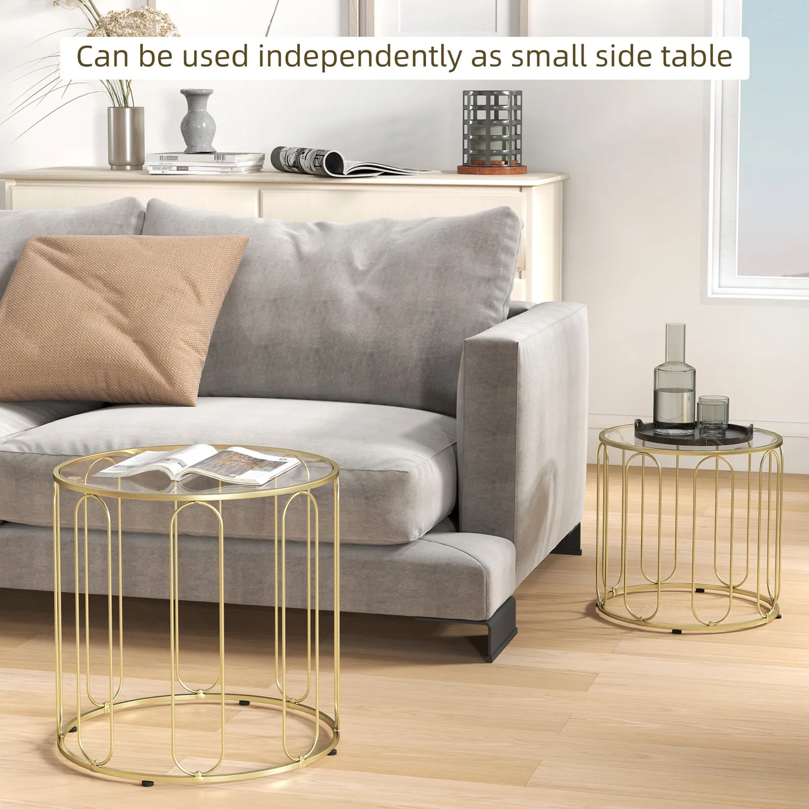 HOMCOM Coffee Table Set of 2, Nest of Tables with Metal Frame, Gold Tone 6