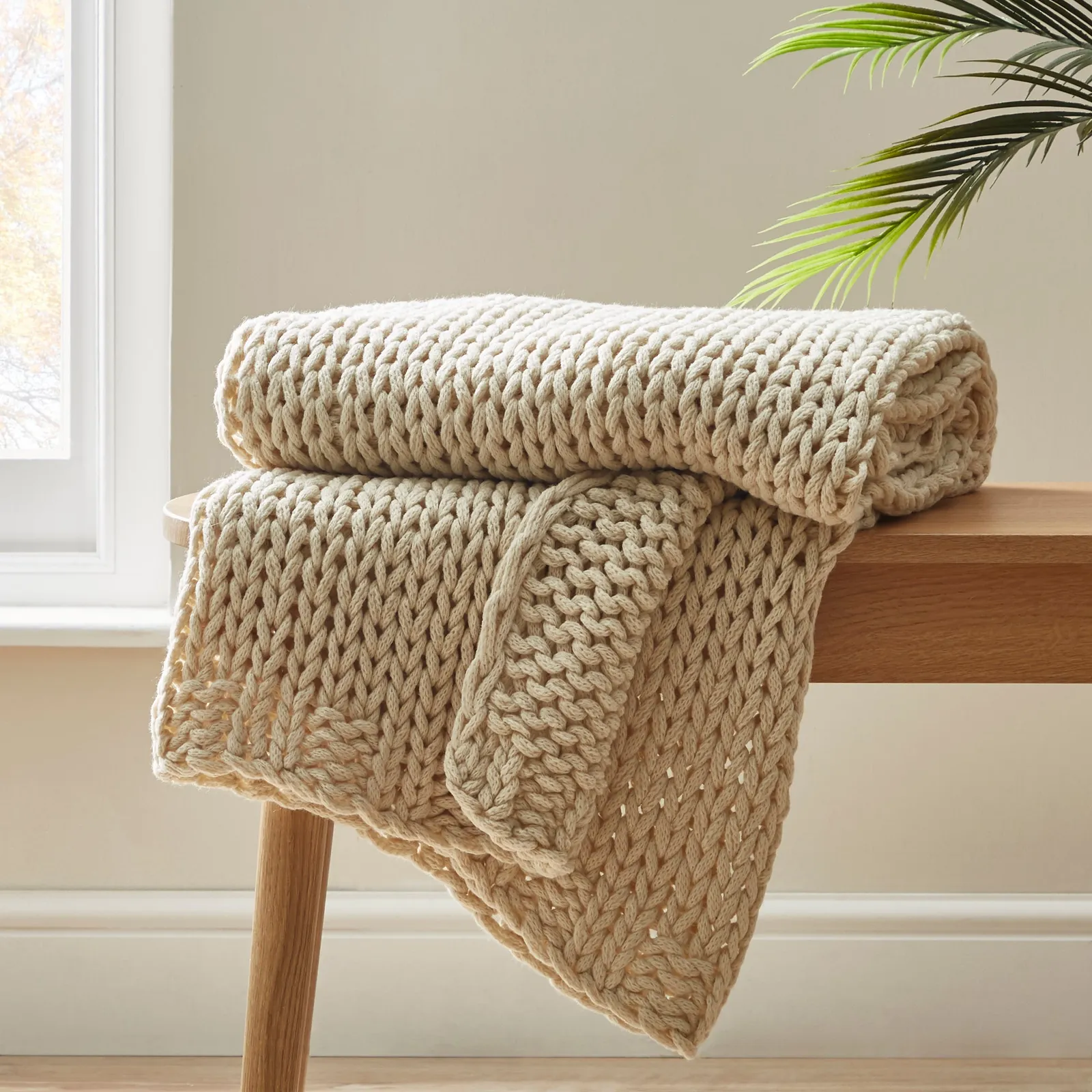 Chunky Hand-Knitted Natural Knit Throw White
