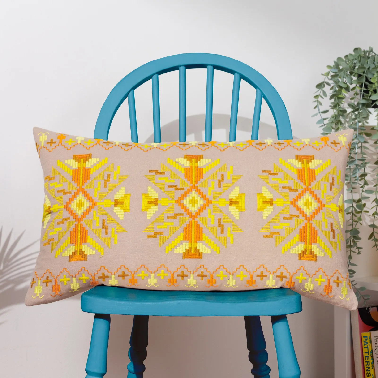Furn Kalina Embroidered 100% Cotton Cushion in Yellow