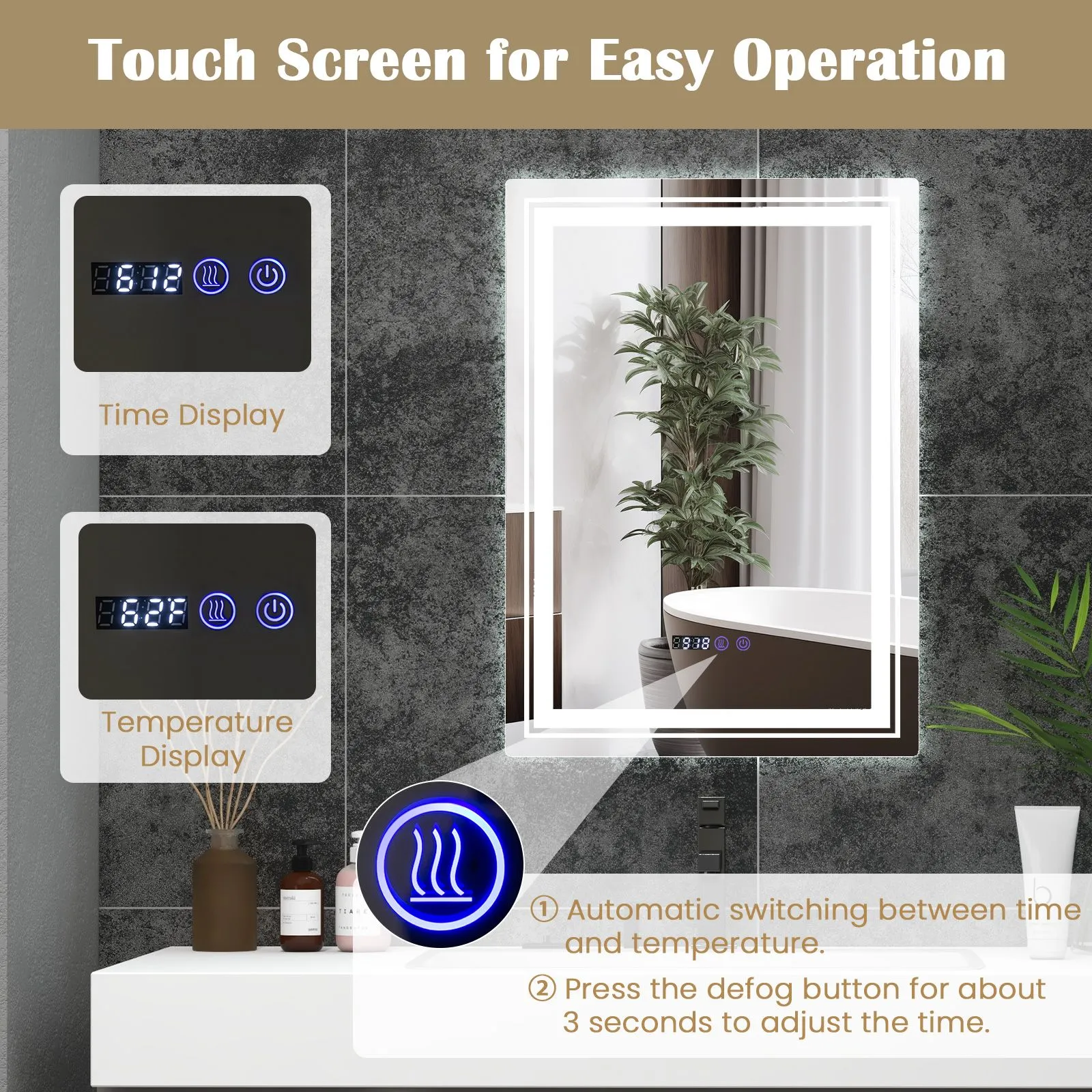 Costway Bathroom Led Vanity Mirror Dimmable Vanity Wall Mirror with 3 Colors 3000-6500K Anti-Fog in Silver 4