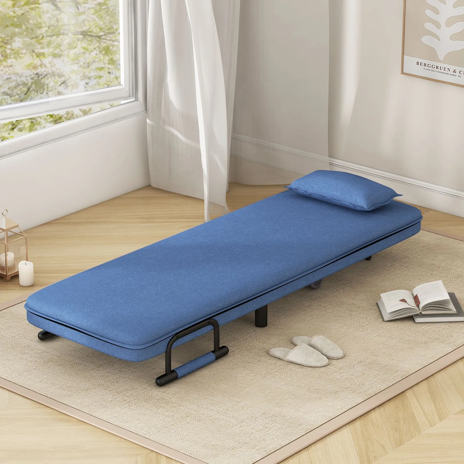 Costway Single Folding Sofa Bed Chair Modern Fabric Sleep Function Holder With Pillow in Blue 4