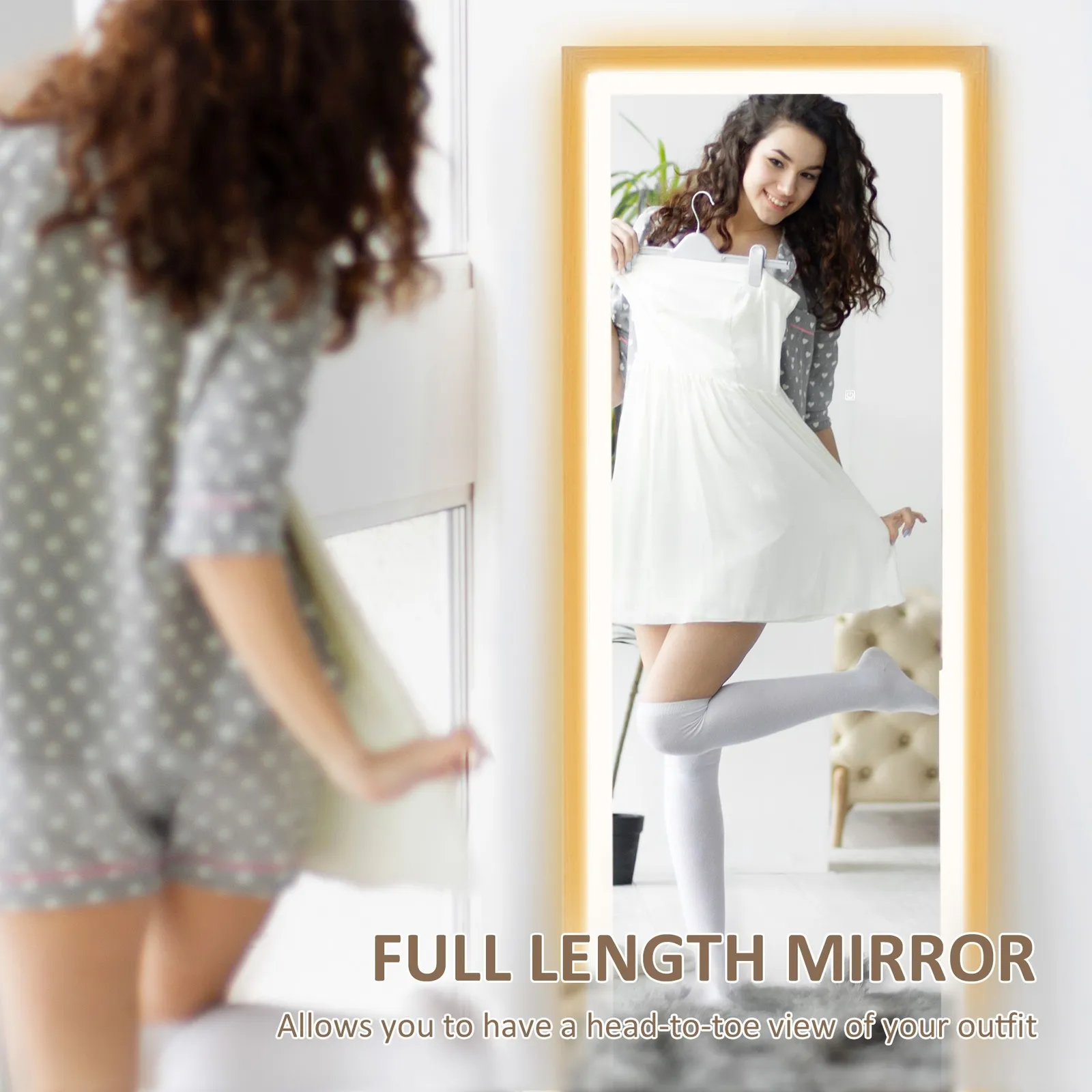 HOMCOM Dimming Full Length Mirror w/ Lights Standing Leaning Wall Mount Oak in Light Oak 4