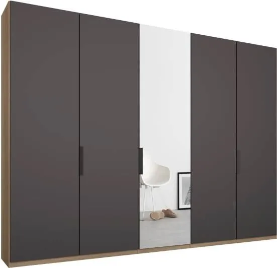 Caren 5 door  250cm Hinged Wardrobe, Oak Frame, Matt Graphite Grey & Mirror Doors, Classic Interior
