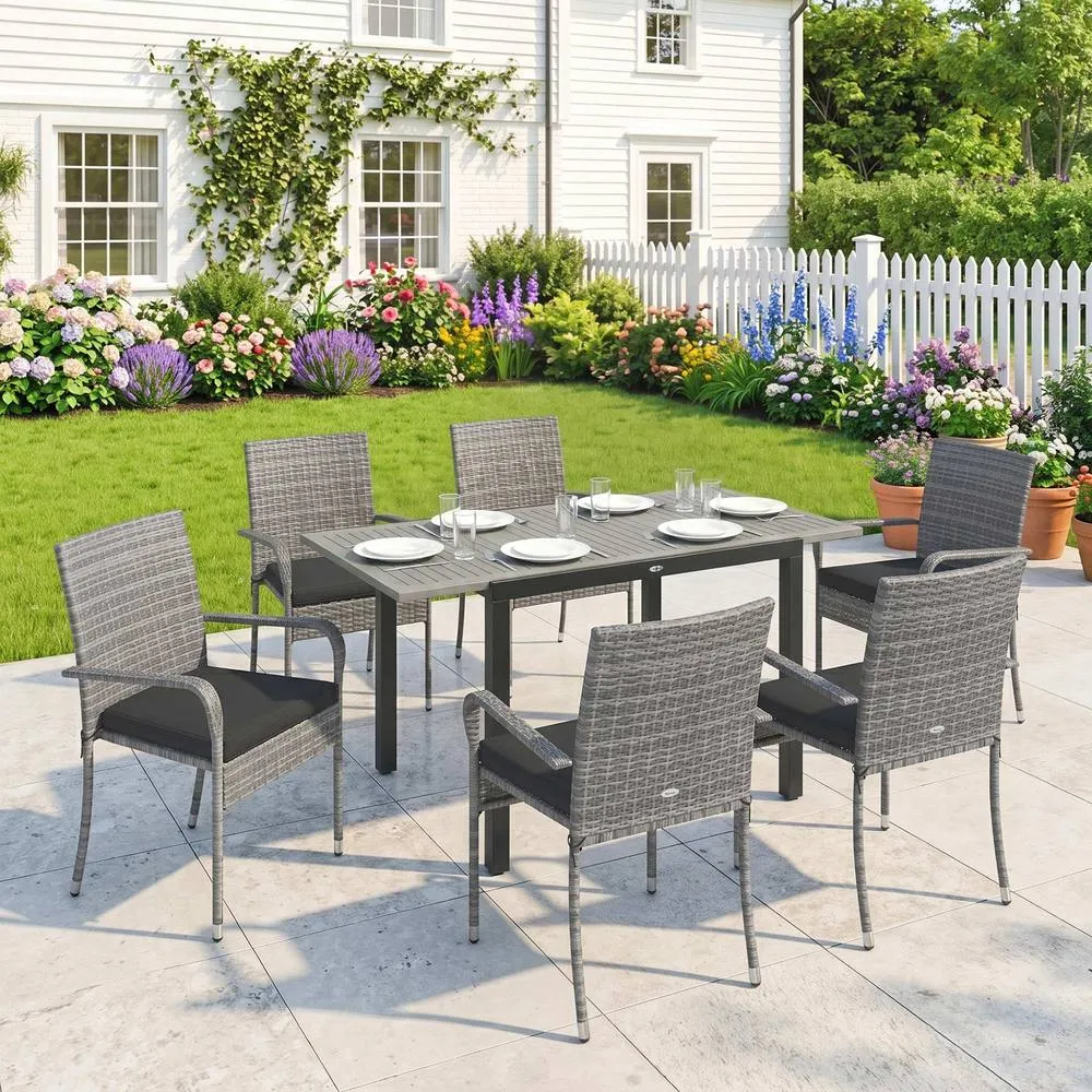 OUTSUNNY 6 Seater Rattan Garden Furniture Set with Stackable Chairs in Light Grey
