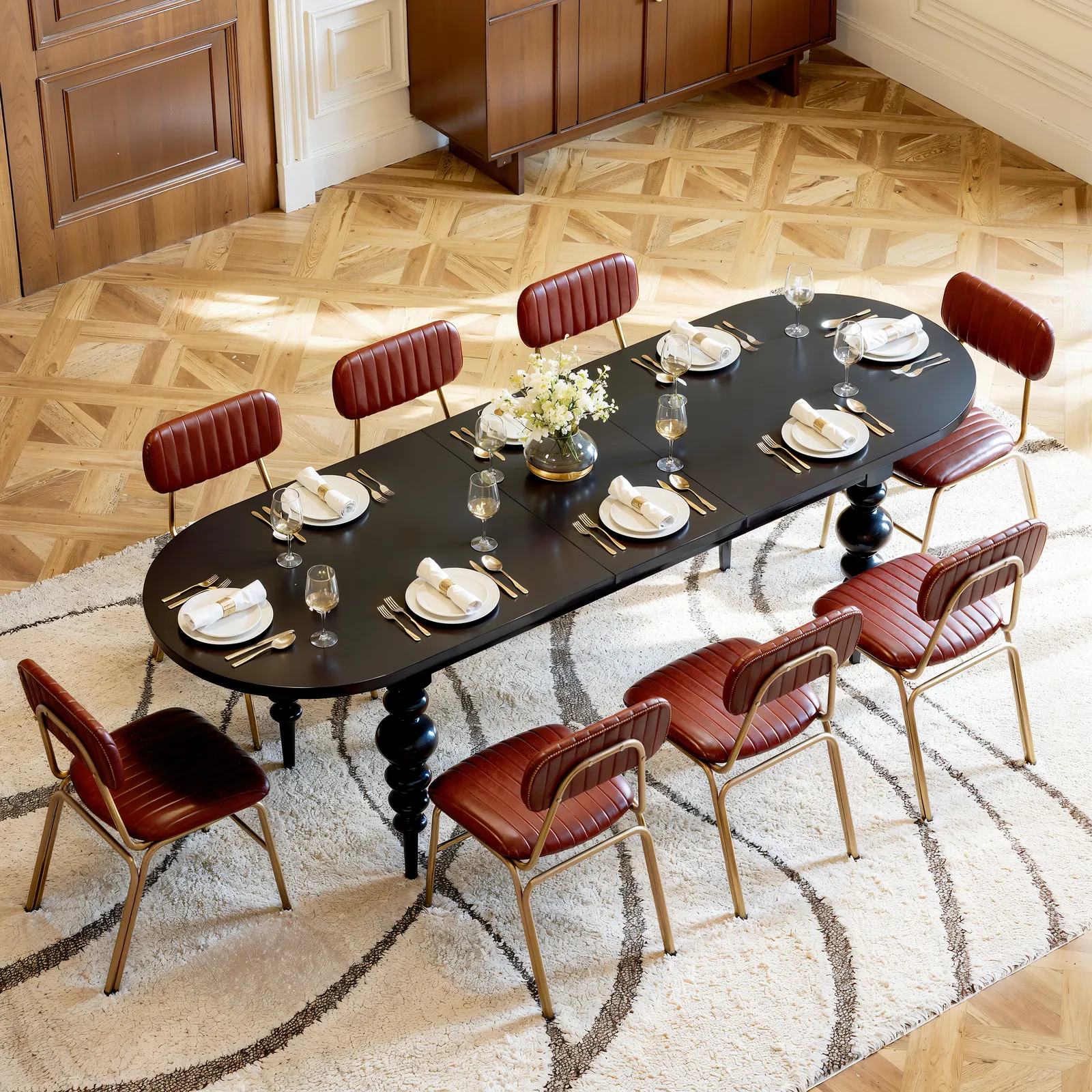 79"-94" Oval Dining Table Extendable for 10 Person with Turned Legs Mid-Century Modern Black Table
