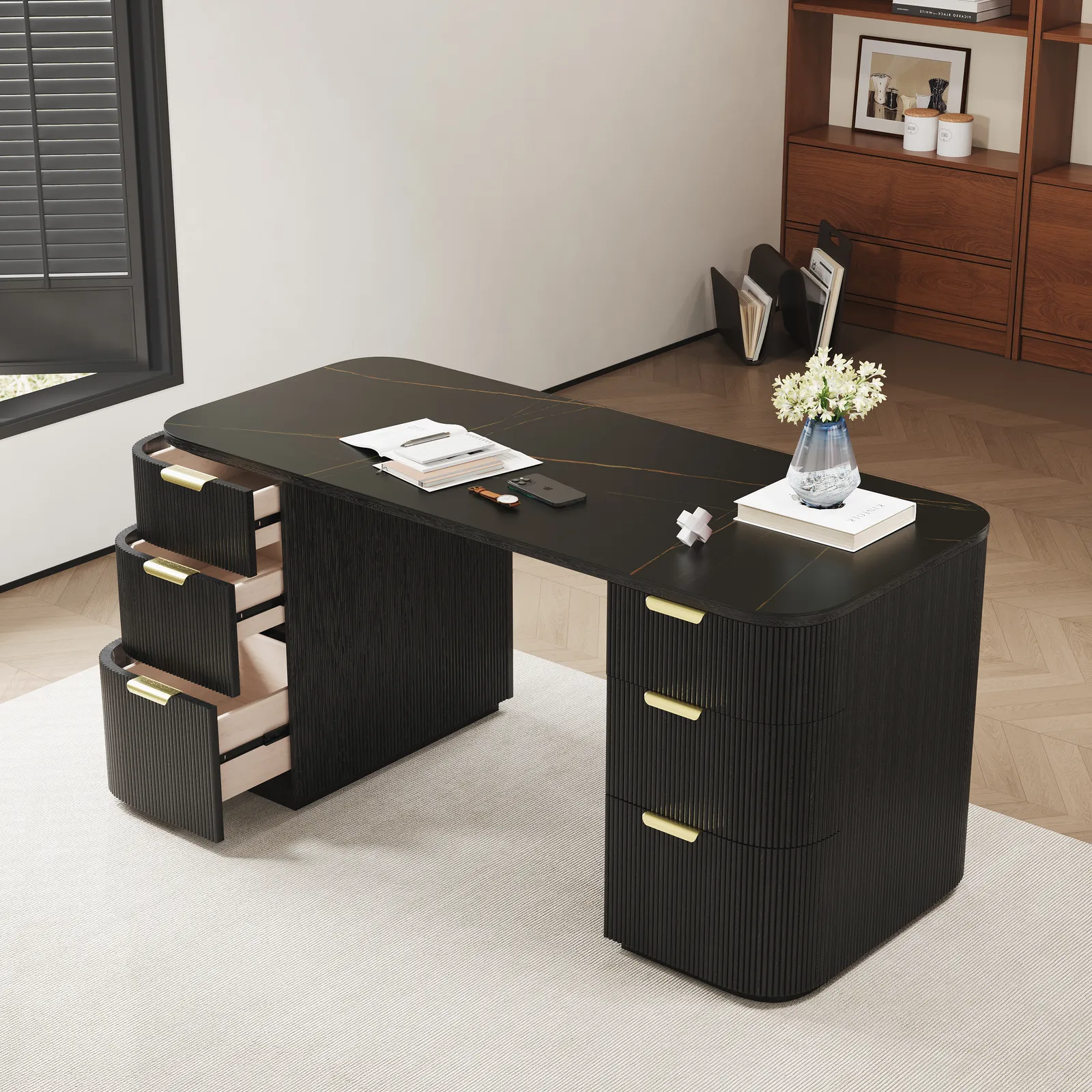 Marble Oval Home Office Desk with 6 Drawers Black Executive Writing Desk (160 cm)