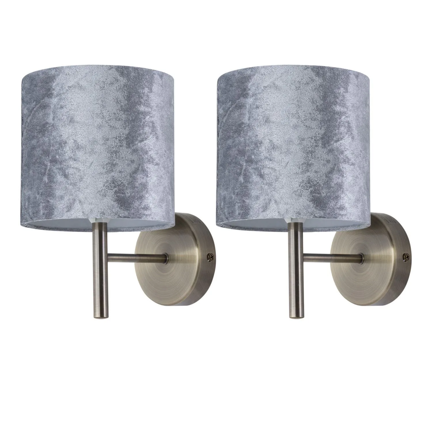 First Choice Lighting Set of 2 Brea - Antique Brass Wall Lights with Grey Velvet Shades in Gold