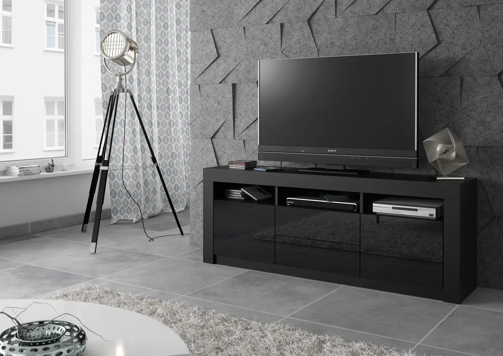 Creative Furniture TV Unit 160cm Modern - Black with High Gloss Doors 2