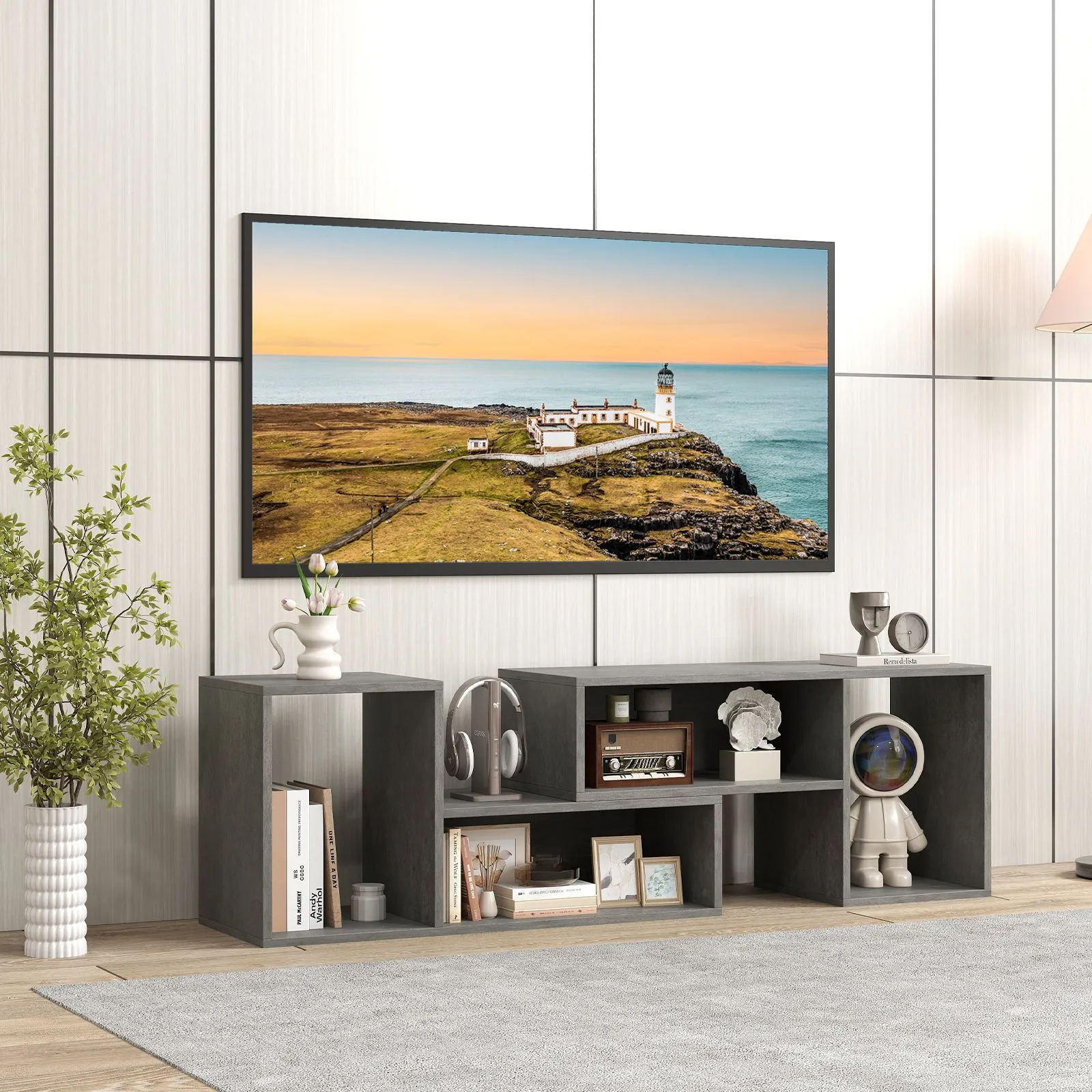 Costway 2-Piece Console TV Stand Modern Minimalist Entertainment Center in Grey 3