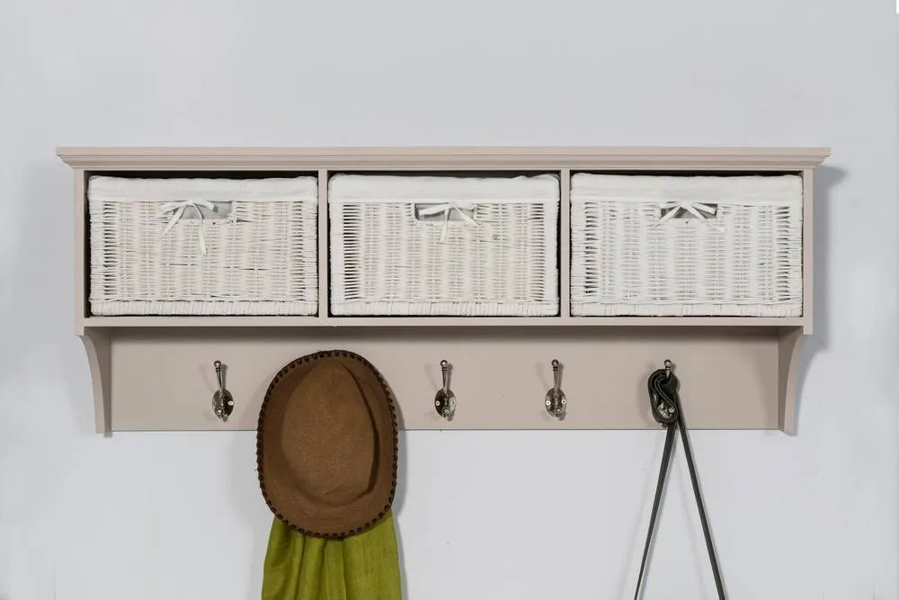 Statement Furniture Tetbury Large Hallway Coat Rack / Shelf with Wicker Storage Baskets in Taupe 4