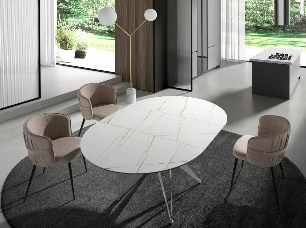 Angel Cerda Round Extendable Dining Table, Porcelain Marble Top in White 4