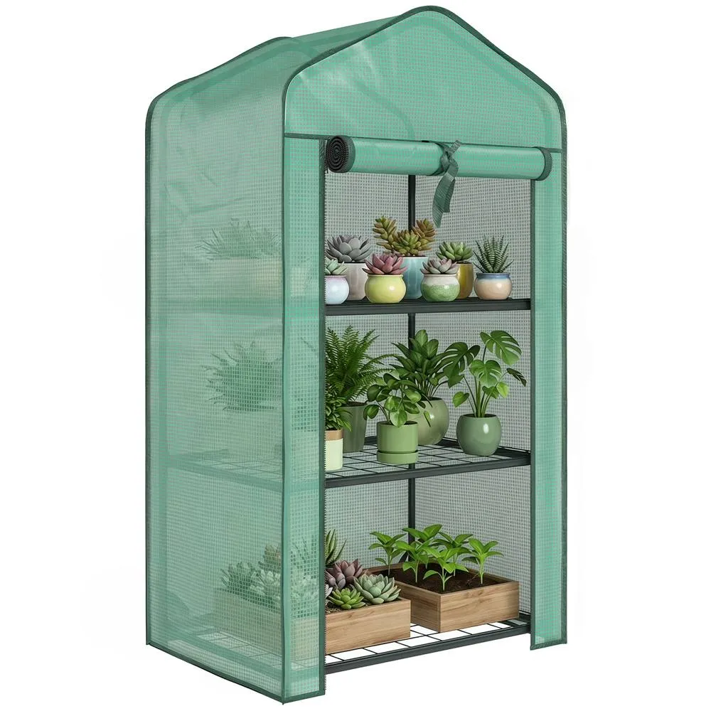 OUTSUNNY Portable Mini Greenhouse with Roll-up Door & Wire Shelves, Green 2