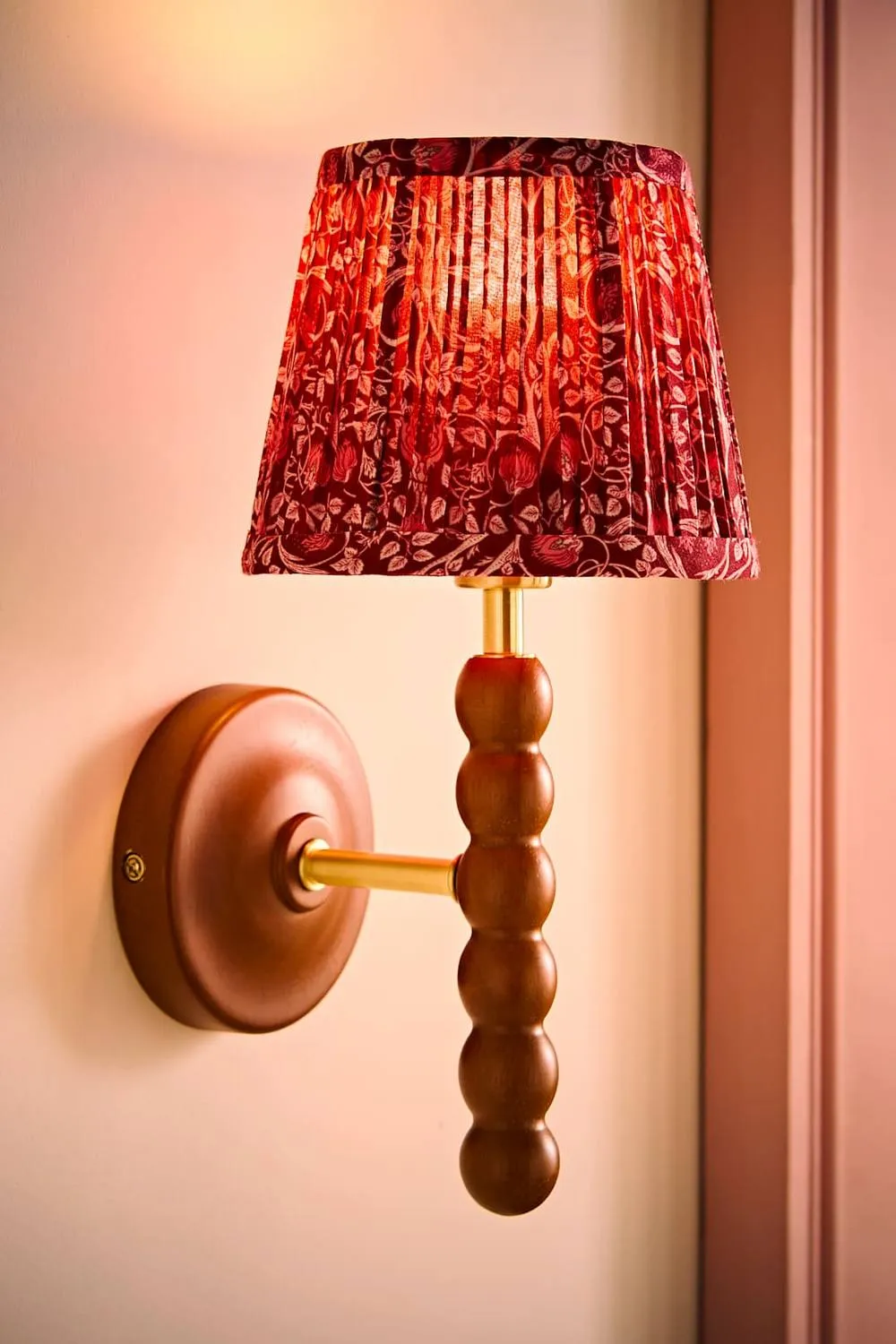 ValueLights Bobbins Pair Burgundy Floral Pleated Shade Wooden Bobble Wall Light in Walnut 2