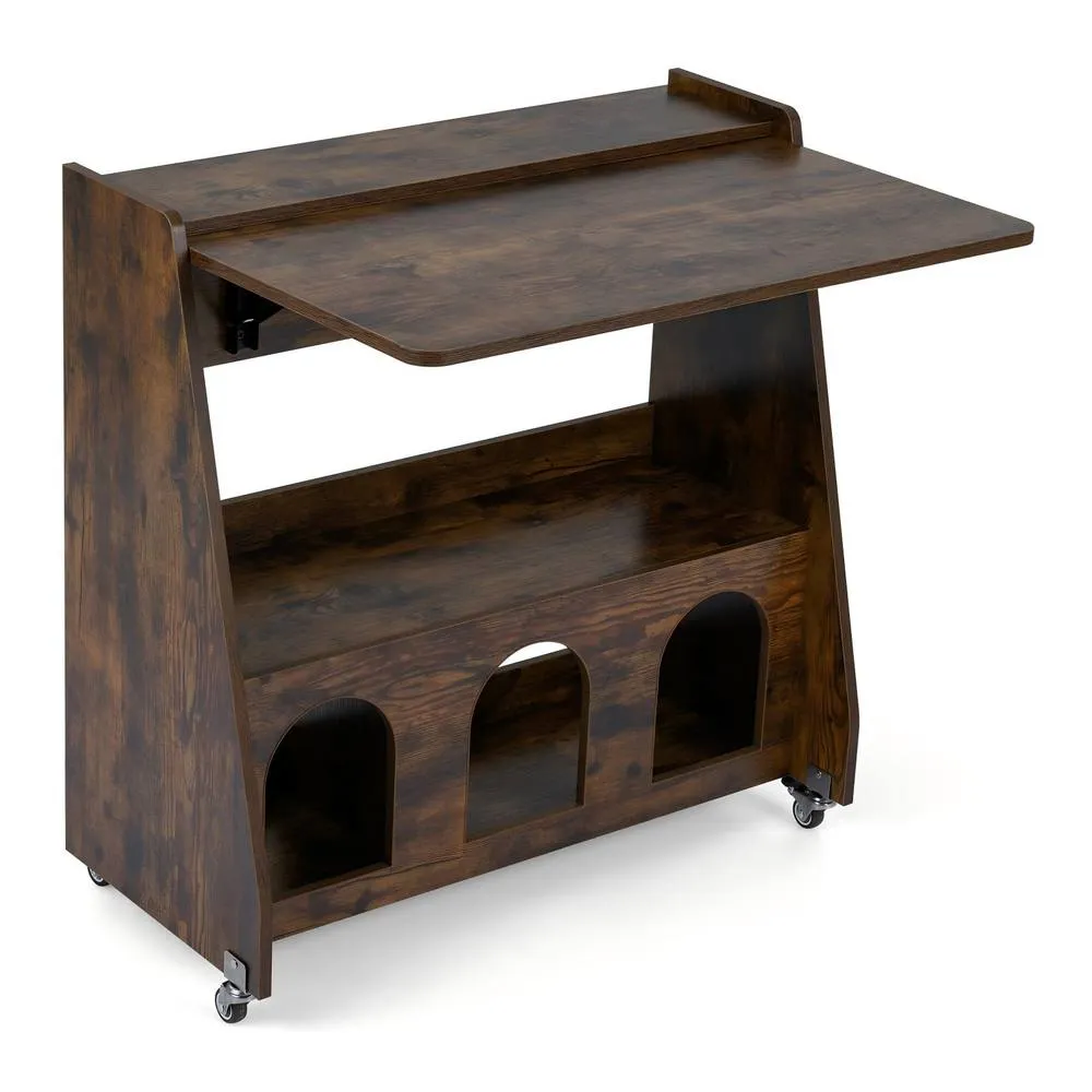 Costway Folding Desk on Wheels Brown Drop Leaf Writing Desk w/ Storage 4