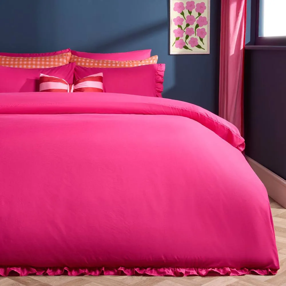 OHS Frill Edge Decor Duvet Cover with Pillowcase Bedding Set in Bright Pink