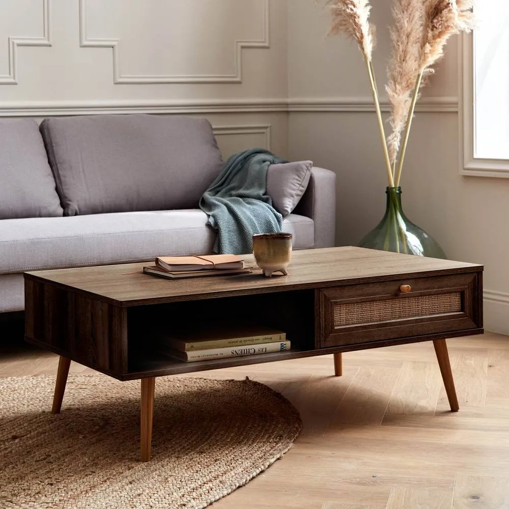 sweeek Coffee Table With Wood & Cane Effect in Dark Brown 1
