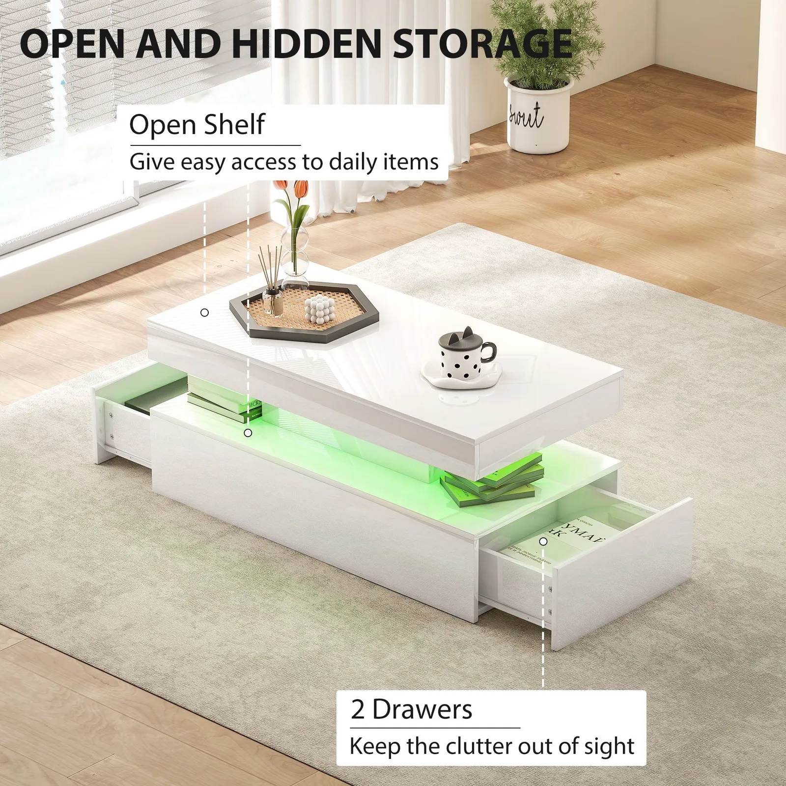 HOMCOM LED Coffee Table with Storage, High Gloss Living Room Table, White 5