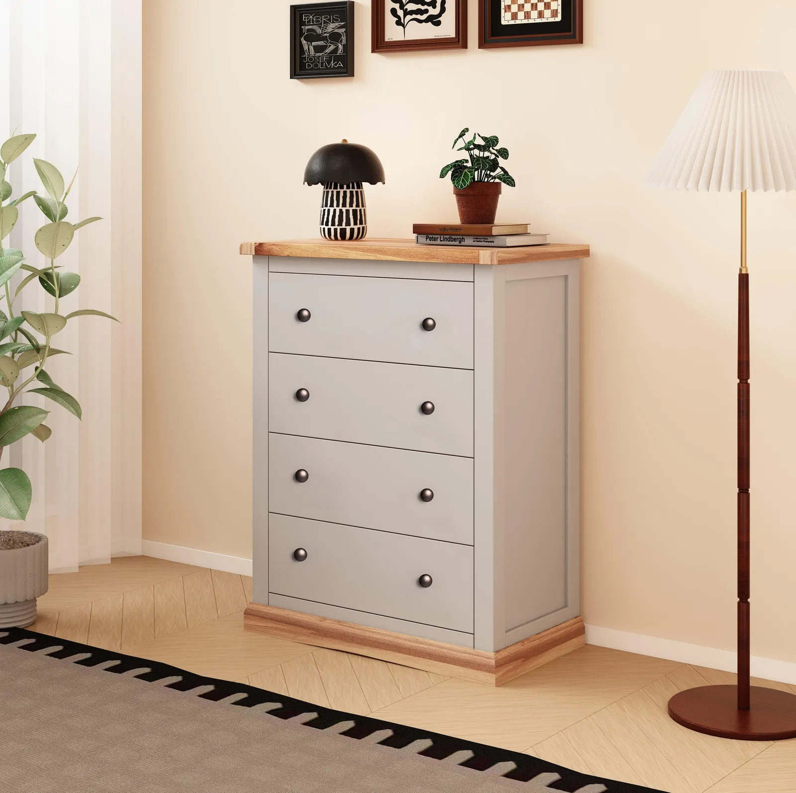 Cabinet Bits Bomporto 4 Drawer Chest of Drawers Brass Knob in Light Grey