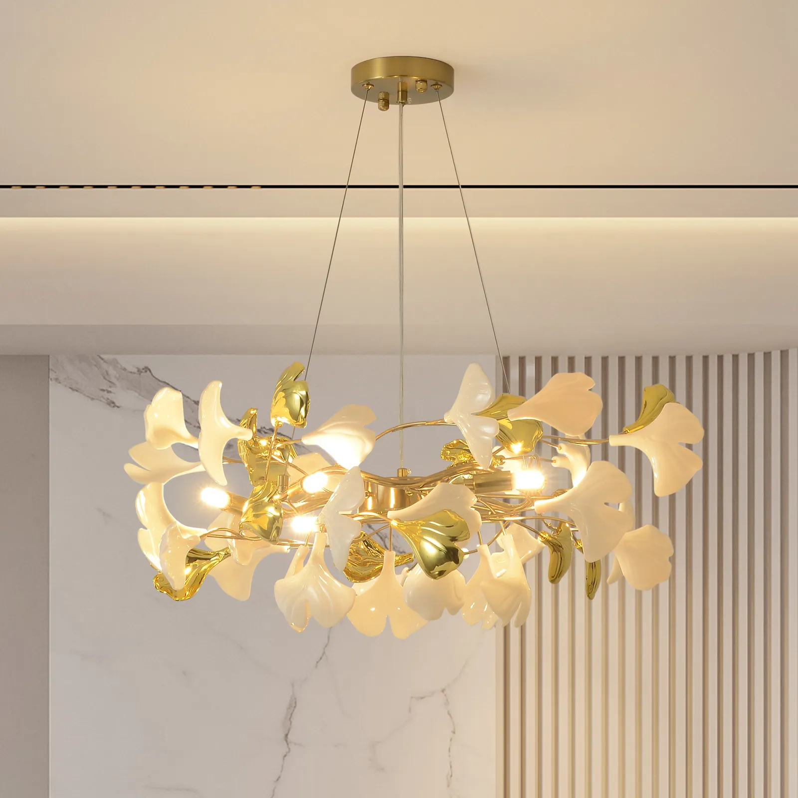 Martly 6-Light Art Deco Ginkgo Leaves Chandelier White & Gold Metal Ceiling Light
