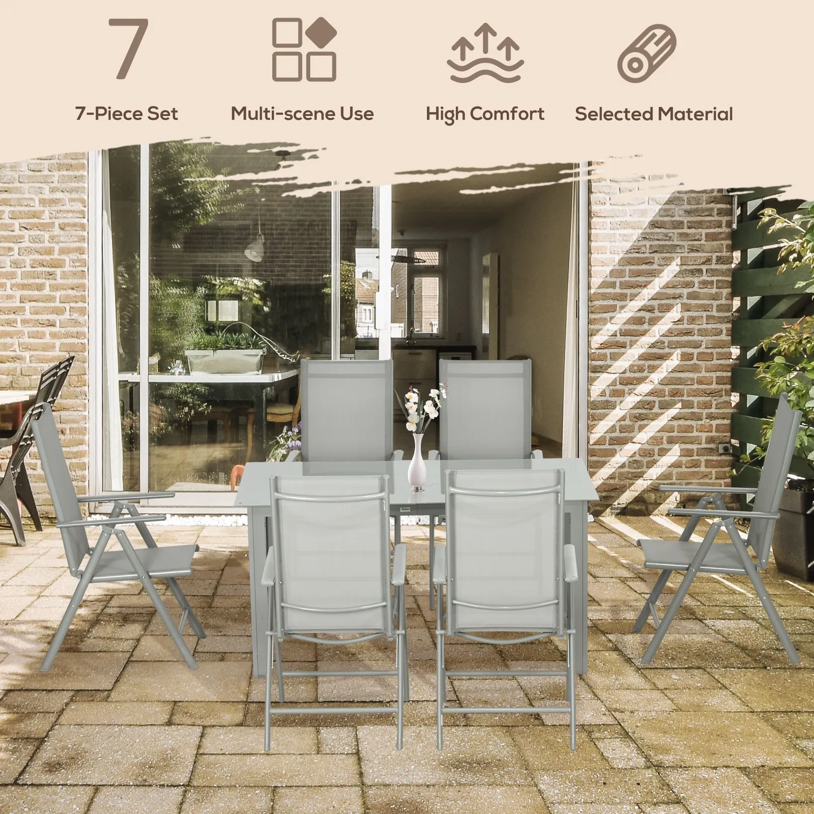 OUTSUNNY 7 Piece Garden Dining Set, Outdoor Table & 6 Chair, Aluminium in Grey 4