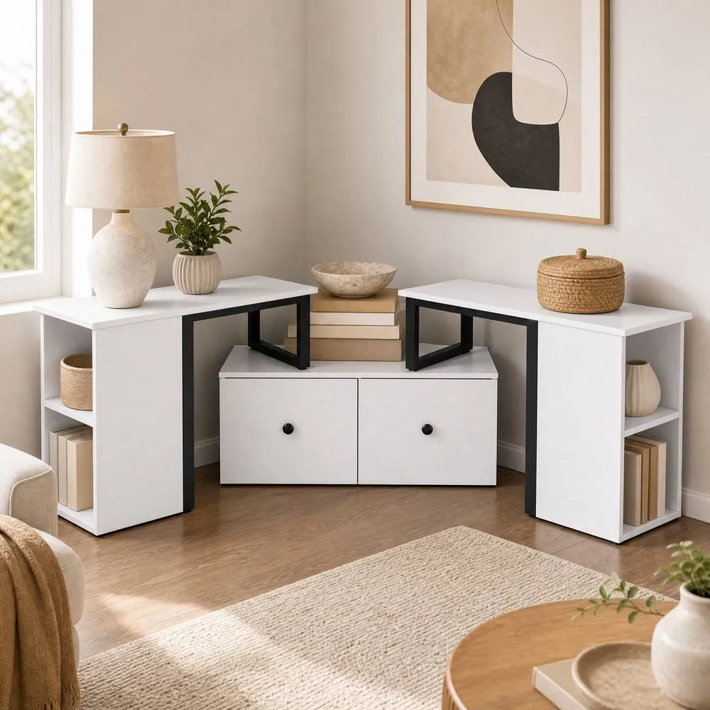 Costway Wood TV Cabinet 140 x 30 x 50 cm Lowboard TV Stand with 2 Large Drawers in White 3