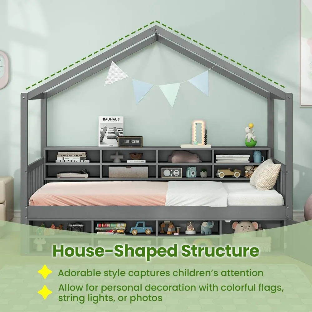 Costway Wooden Single Size House Bed with Roof & 14 Storage Cubes in Grey 6