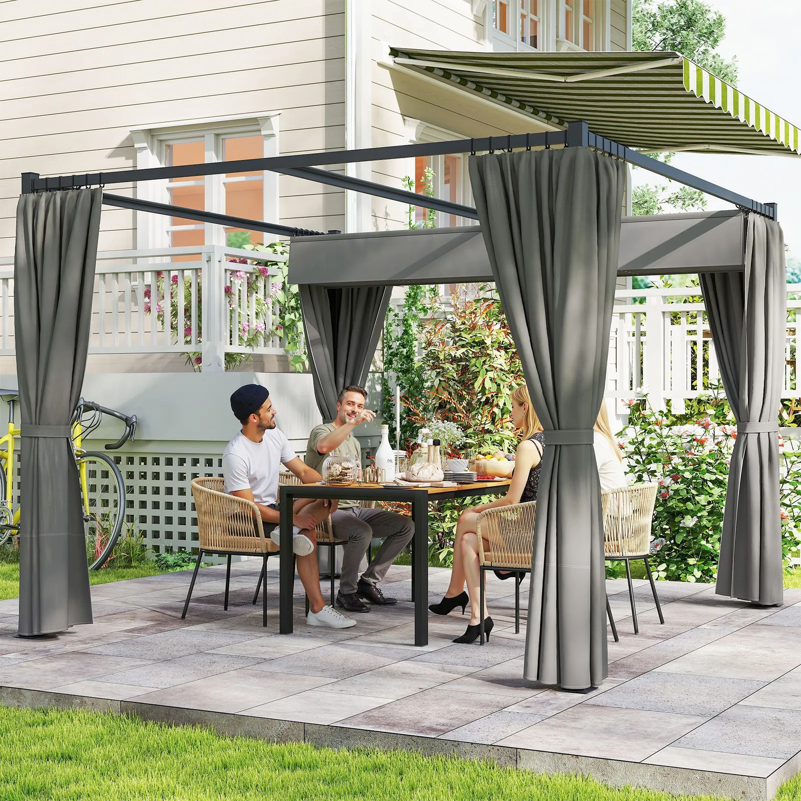 OUTSUNNY 3 x 3(m) Pergola with Retractable Roof & Curtains in Light Grey