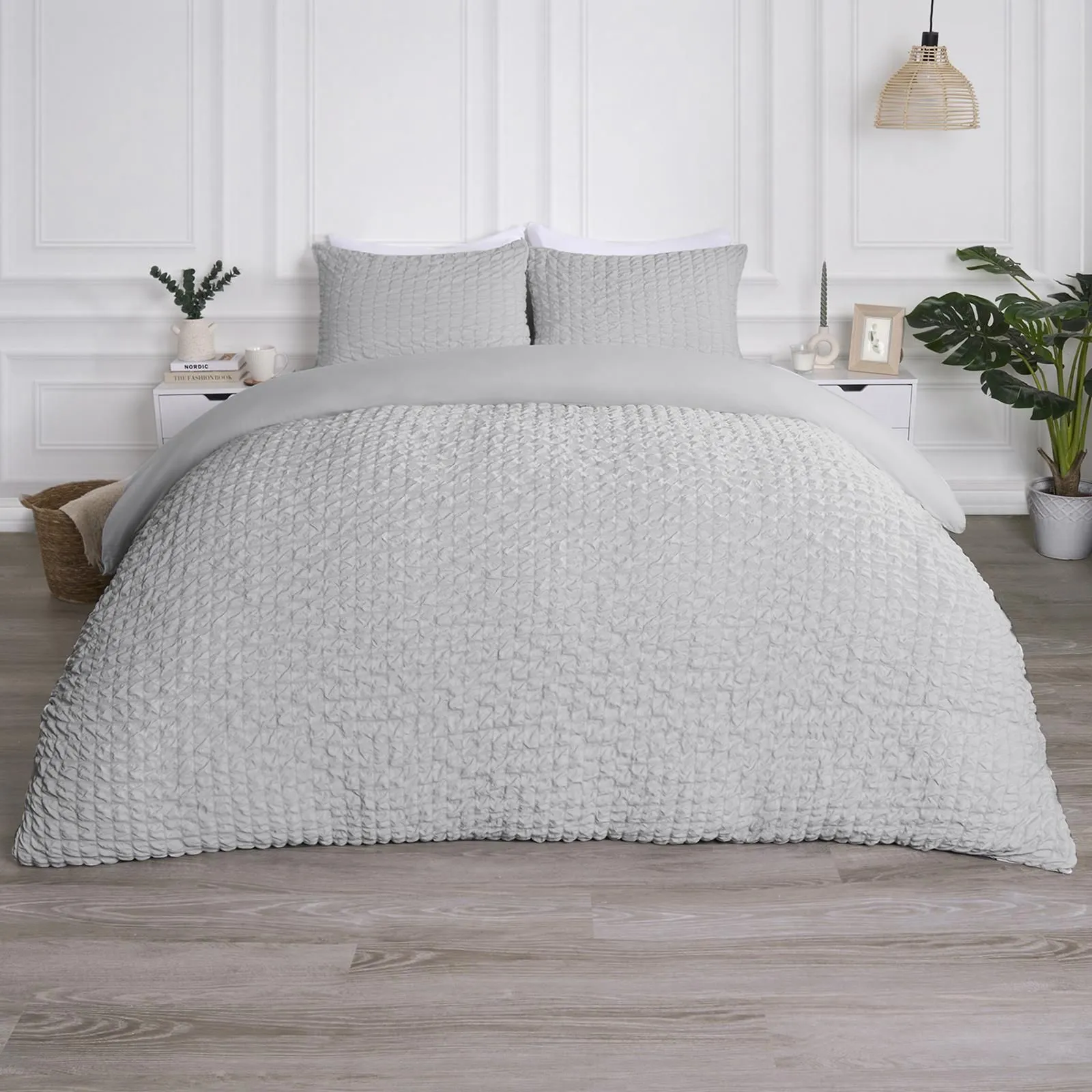 OHS Luxury Seersucker Duvet Cover Set Geo Pillowcase Quilt in Grey