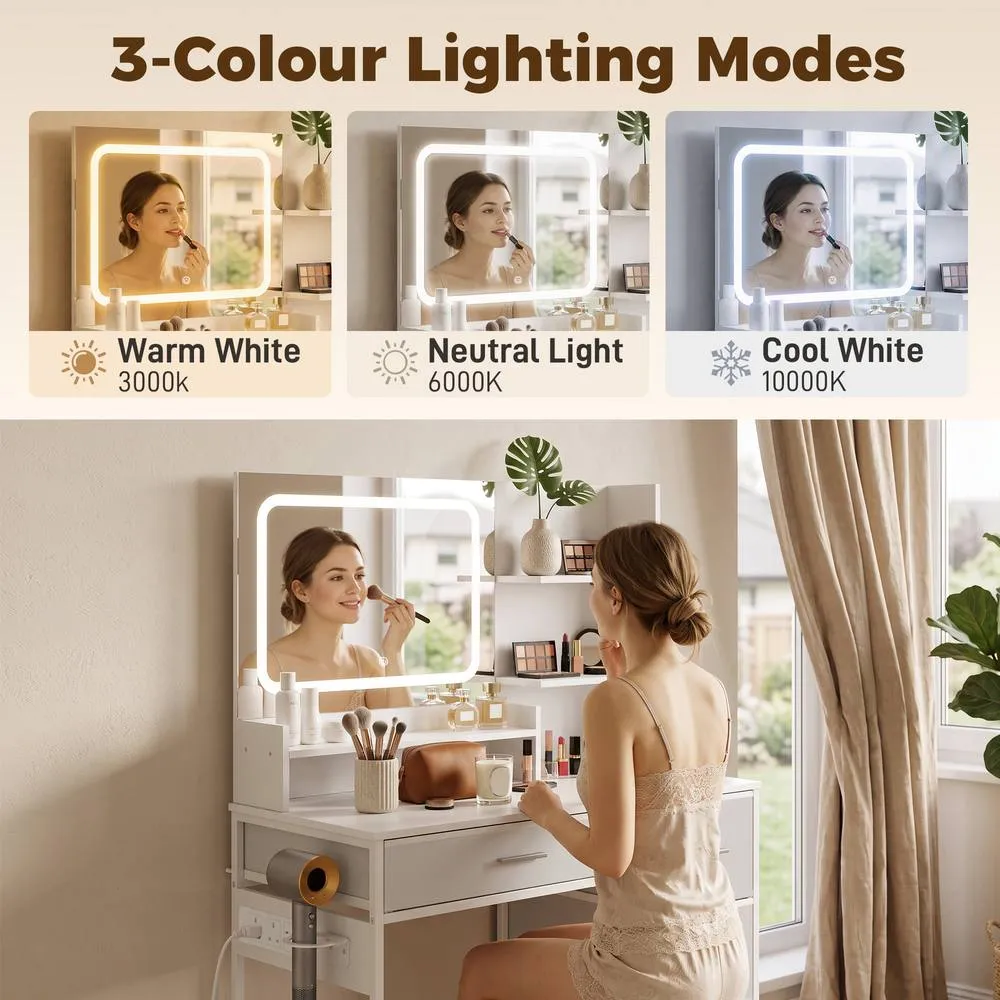 HOMCOM Vanity Dressing Table with 3-Colour LED Mirror & Power Outlet in White 4