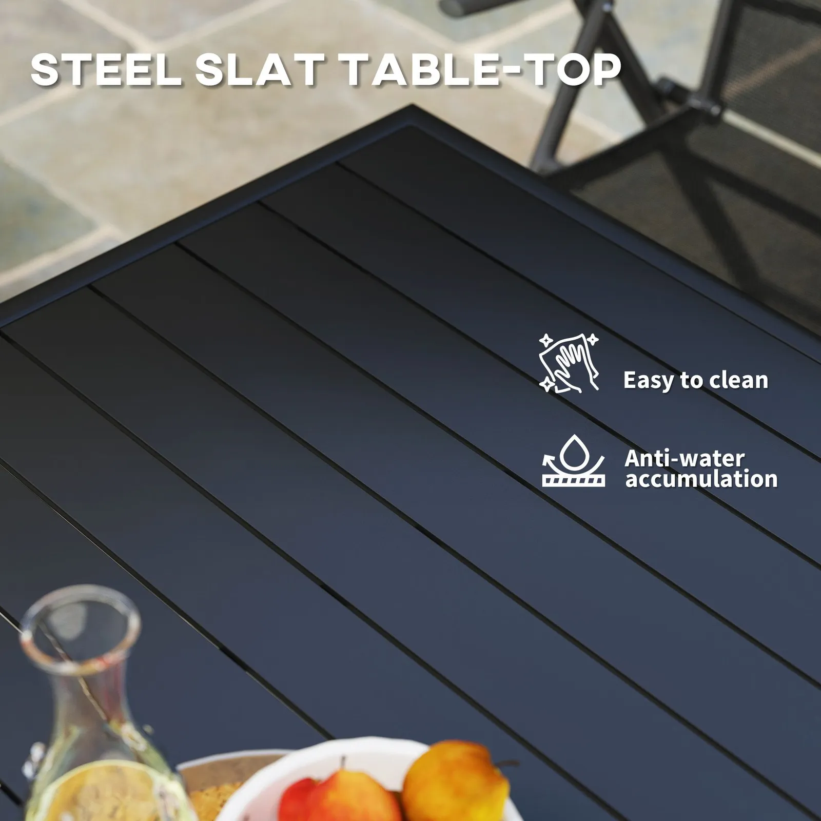 OUTSUNNY Garden Table for 4 Person with Slat Top, Steel Frame, Black 5