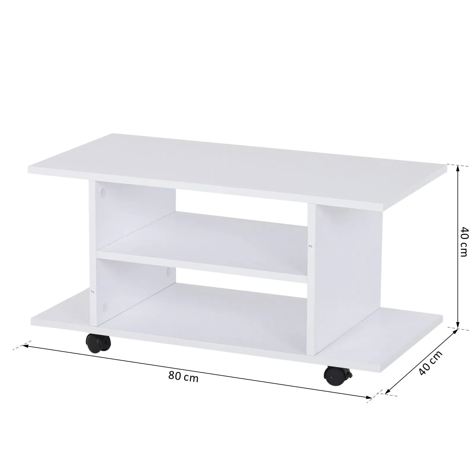 HOMCOM Modern TV Cabinet Stand 3 Tier shelf Storage Shelves Table Wheels in White 3