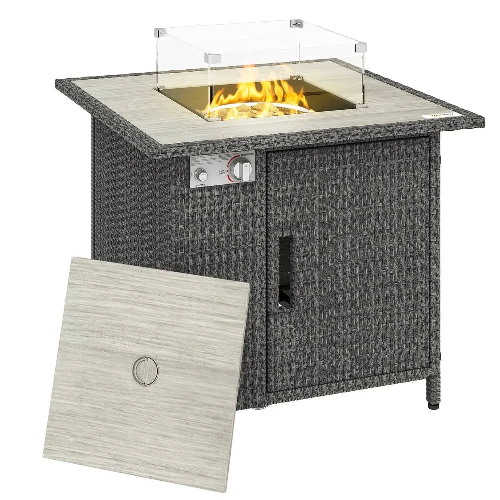OUTSUNNY Rattan Gas Fire Pit Table with Rain Cover, Wind Guard, 14.5 KW in Grey 2