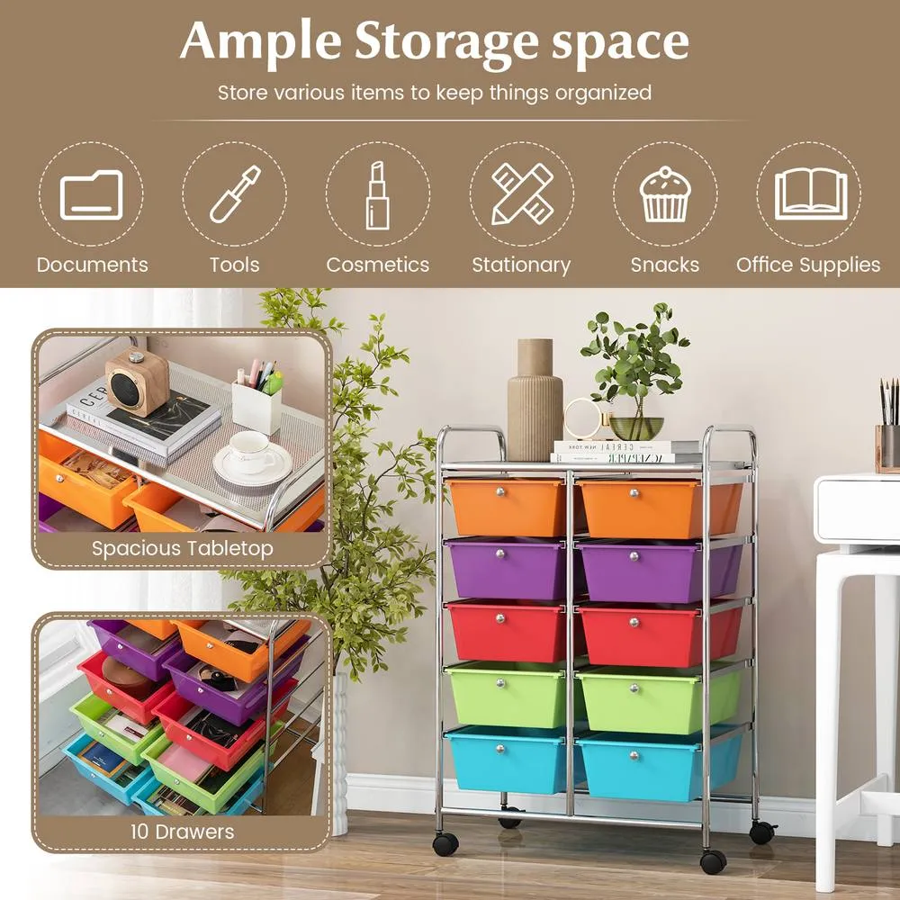 Costway 10 Drawers Storage Trolley Mobile Rolling Utility Cart Home Office Organizer 4