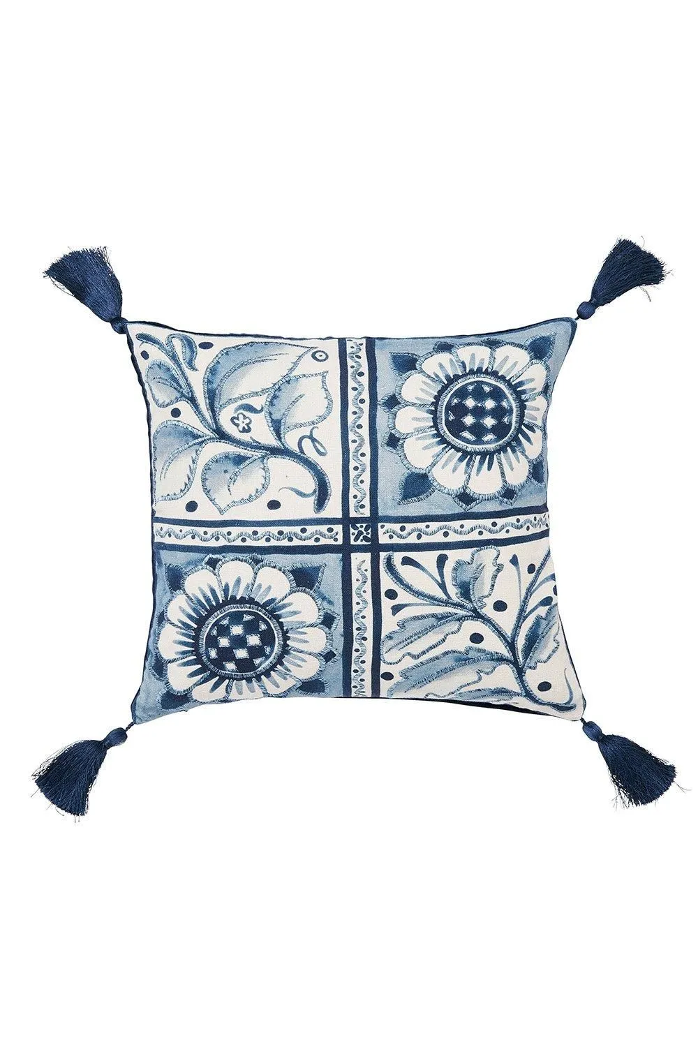 V & A 'Scrolling Carnation' Cotton Cushion in Blue