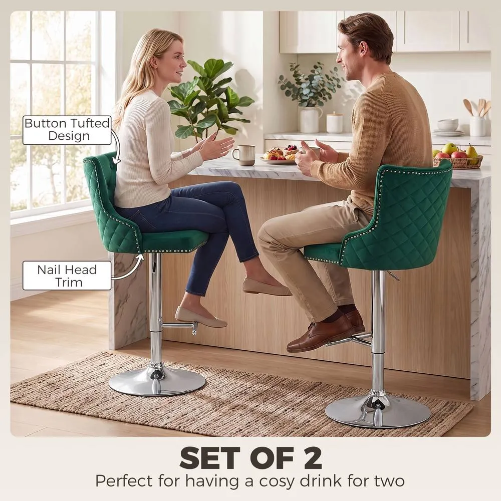 HOMCOM Bar Stools Set of 2, Swivel Velvet Barstools with Footrest, Green in Dark Green 4