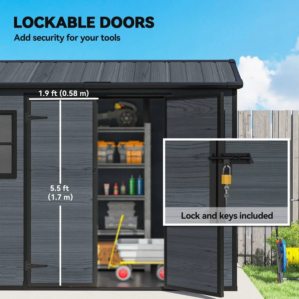 OUTSUNNY 8 x 4 ft Resin Garden Shed with Floor, Lockable Doors in Dark Grey 6