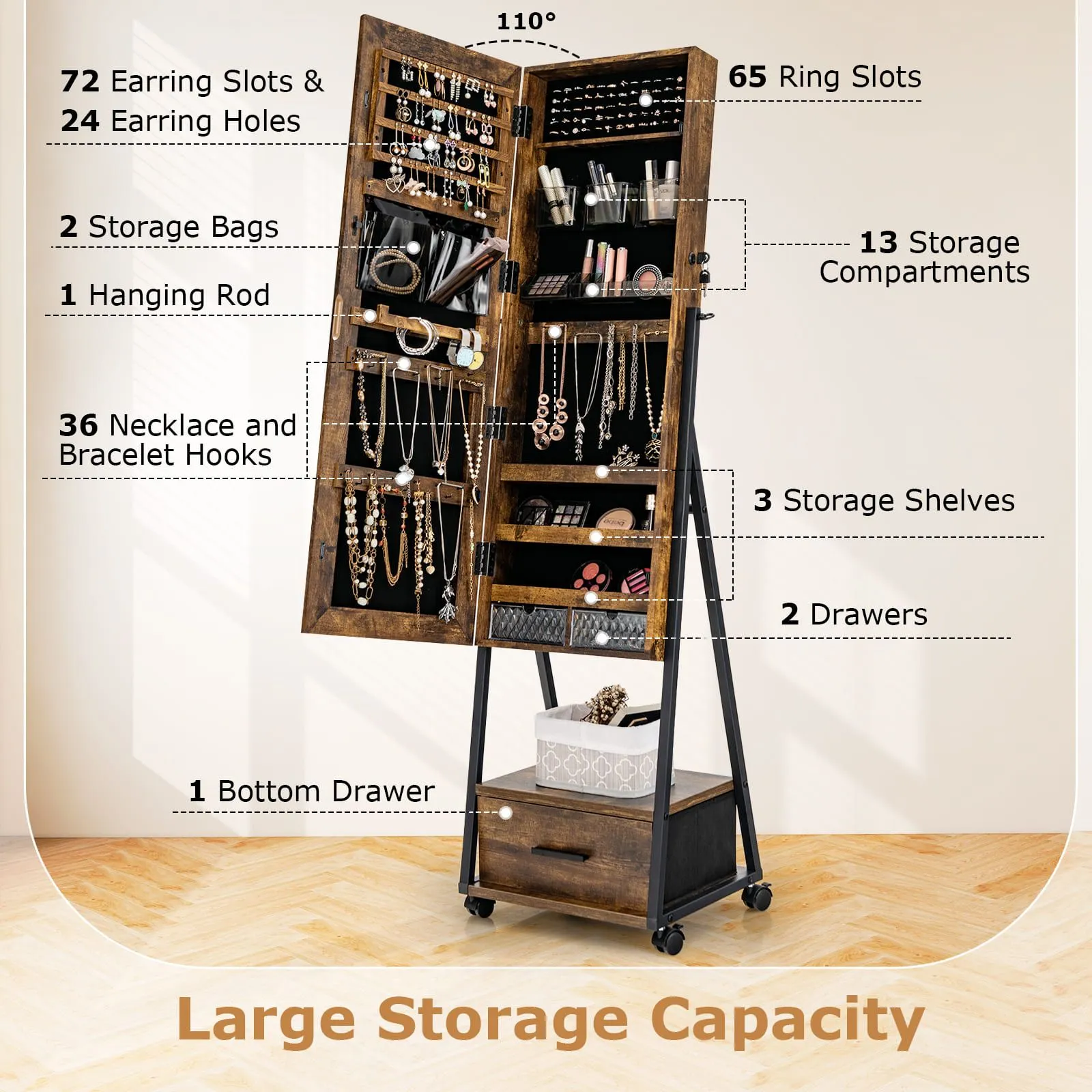 Costway Mobile Mirror Jewelry Cabinet Standing Makeup Organizer Jewelry Armoire w/ Lockable Door in Brown 5