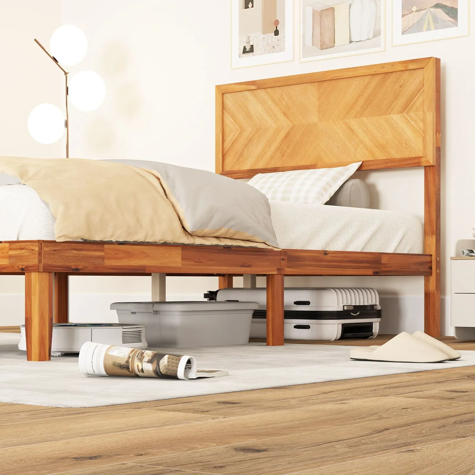 Costway Single Size Bed Frame Acacia Wood Platform Bed w/Headboard in Natural 3