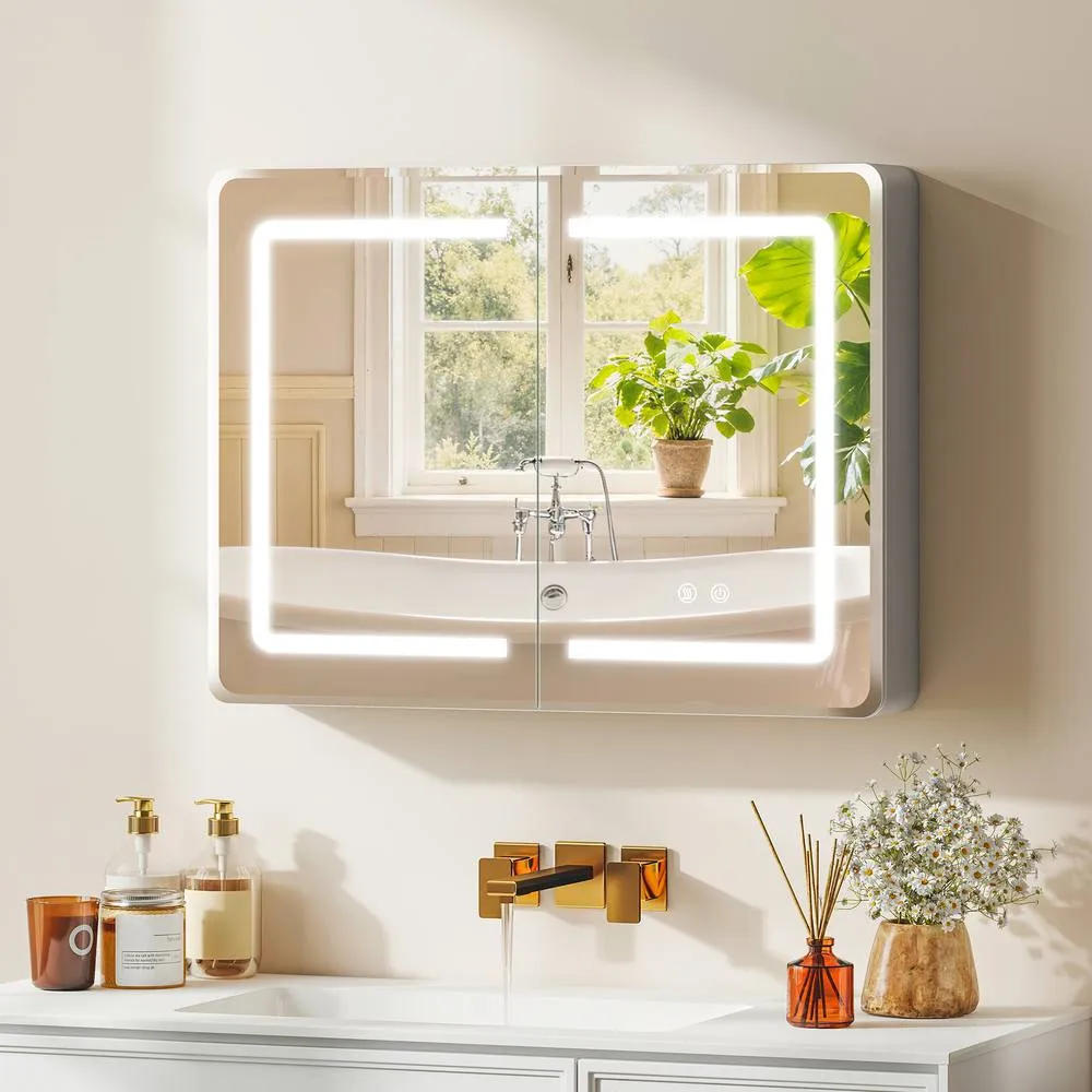 HOMCOM 60 x 80 cm LED Bathroom Mirror Cabinet with Double-Sided Mirrors in Silver