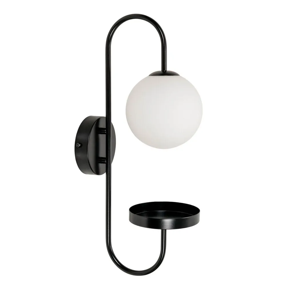 ValueLights Milo Frosted Glass Globe Shade Curved Wall Light with Shelf & LED Bulb in Black 2